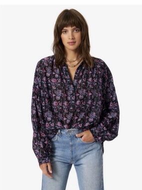 XiRENA Romu Black Floral Button-Front Blouse with Purple Accents